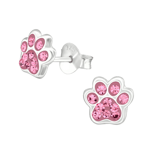 Children's Sterling Silver 'Pink Sparkle Paw' Crystal Stud Earrings