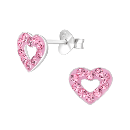Children's Sterling Silver Open Heart Pink Crystal Stud Earrings