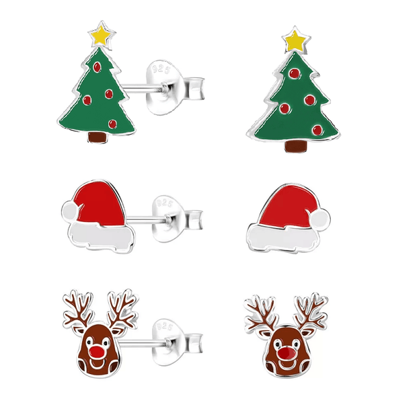 Children's Sterling Silver Set of 3 Pairs of Christmas Magic Themed Stud Earrings