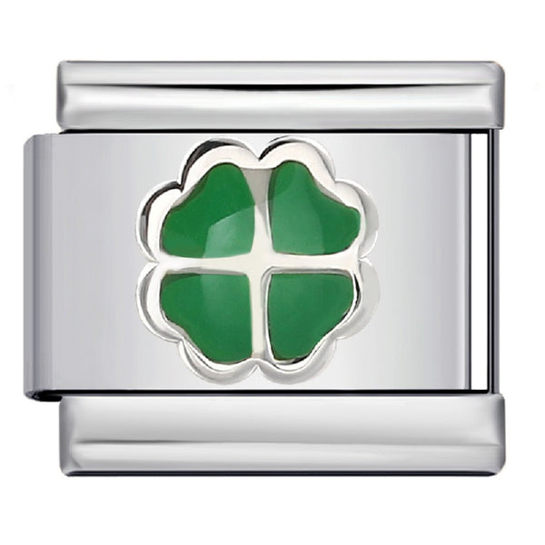 Stainless Steel 9mm Shiny Link with Gold Plated 4-Leaf Clover for Italian Charm Bracelet