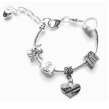 Children's Adjustable Communion/Confirmation Silver Plated Charm Bead Bracelet