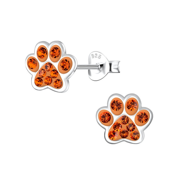 Children's Sterling Silver 'Orange Sparkle Paw' Crystal Stud Earrings