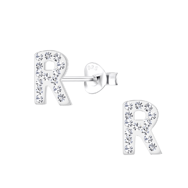 Children's Sterling Silver 'Letter R' Pink Crystal Stud Earrings