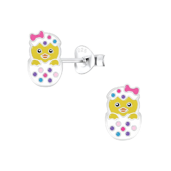 Children's Sterling Silver 'Hatching Easter Chick in White Egg' Stud Earrings
