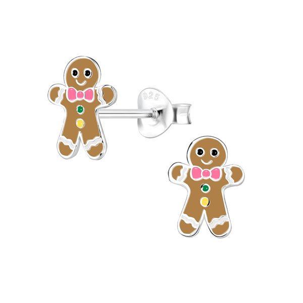 Children's Sterling Silver Christmas Gingerbread Man Stud Earrings- Light Brown