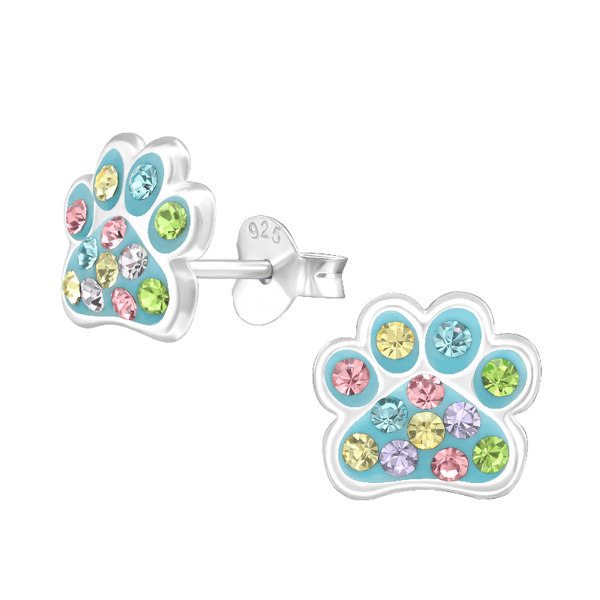 Children's Sterling Silver 'Blue and Multicoloured Sparkle Paw' Crystal Stud Earrings
