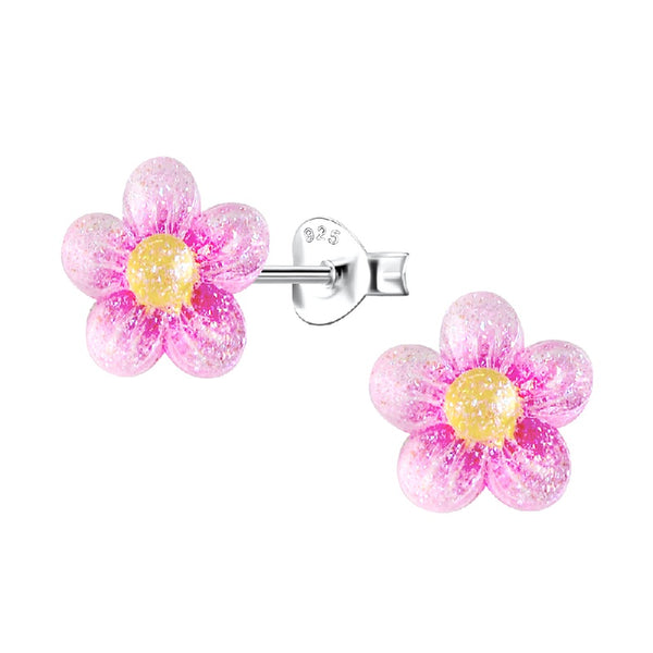 Sterling Silver 'Pink Glitter Flower' Stud Earrings for Teenagers