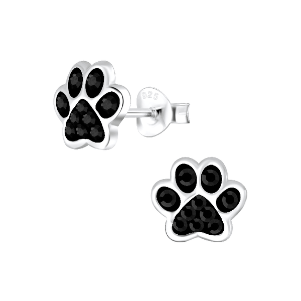 Children's Sterling Silver 'Jet Black Sparkle Paw' Crystal Stud Earrings