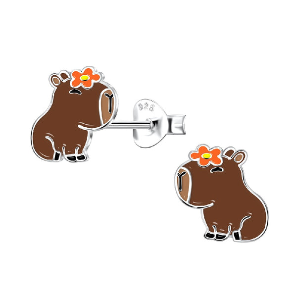 Children's Sterling Silver Capybara Stud Earrings (Dark Brown)