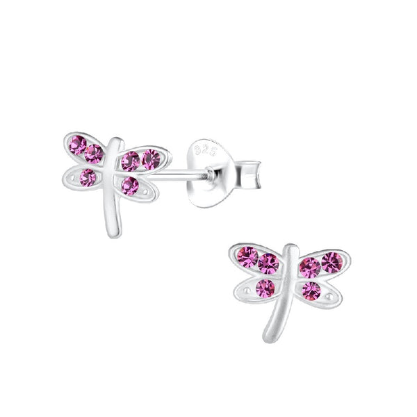 Children's Sterling Silver 'Pink Sparkle Dragonfly' Crystal Stud Earrings