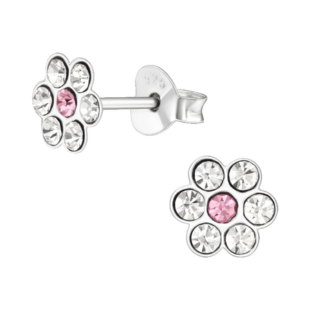 Children's Sterling Silver Blue and Clear Diamante Flower Stud Earrings