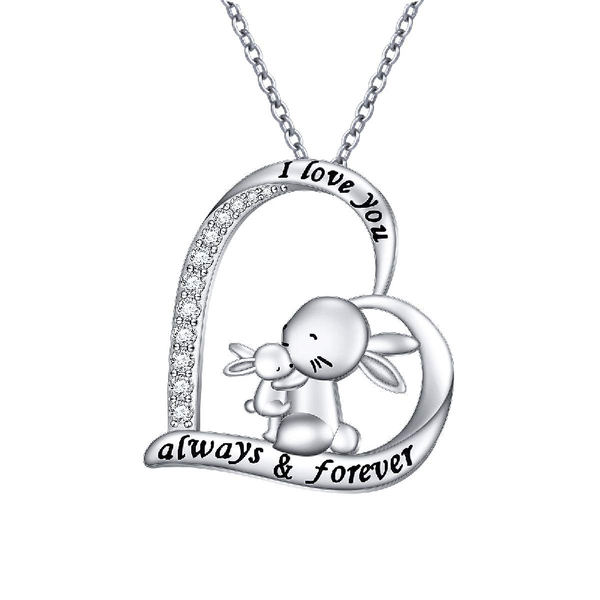 Adult/Teenager 'Mother and Baby Bunny Rabbit' Crystal Heart Pendant Necklace