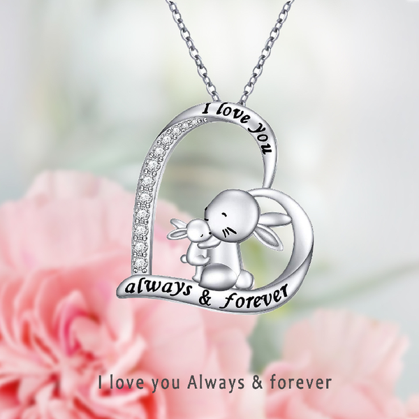 Adult/Teenager 'Mother and Baby Bunny Rabbit' Crystal Heart Pendant Necklace