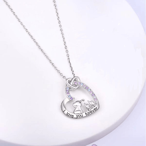 Adult/Teenager 'Mother and Baby Elephants' Crystal Heart Pendant Necklace