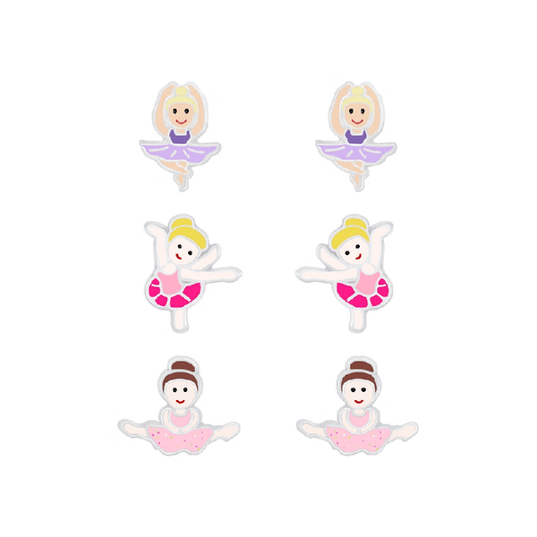 Children's Sterling Silver Set of 3 Pairs of Ballerina Stud Earrings