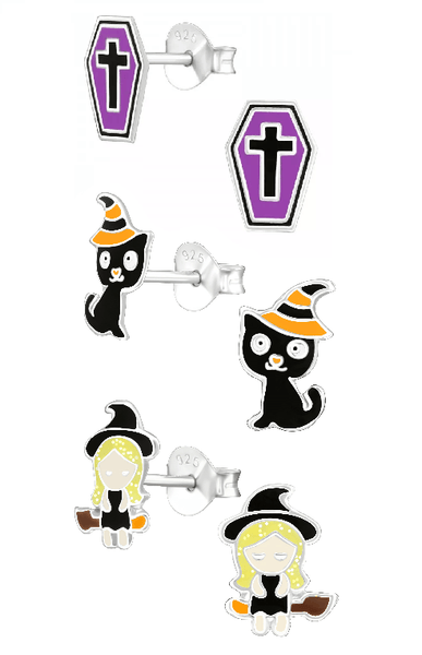 Children's Sterling Silver Set of 3 Pairs of Spook-tacular Halloween Themed Stud Earrings