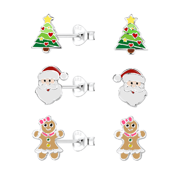 Children's Sterling Silver Set of 3 Pairs of 'Christmas is Coming' Themed Stud Earrings