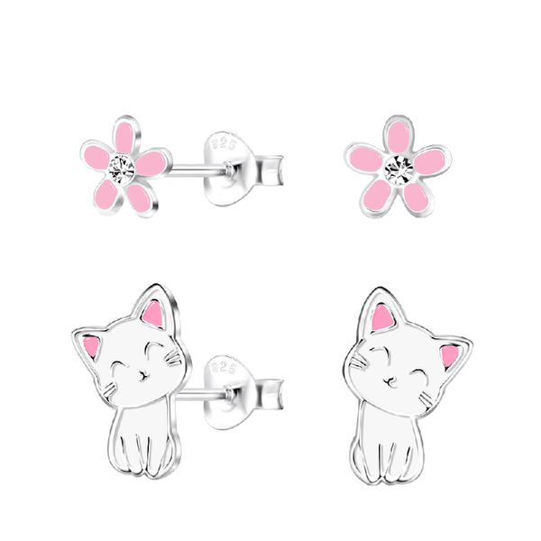 Children's Sterling Silver Set of 2 Pairs of 'I love Cats' Stud Earrings