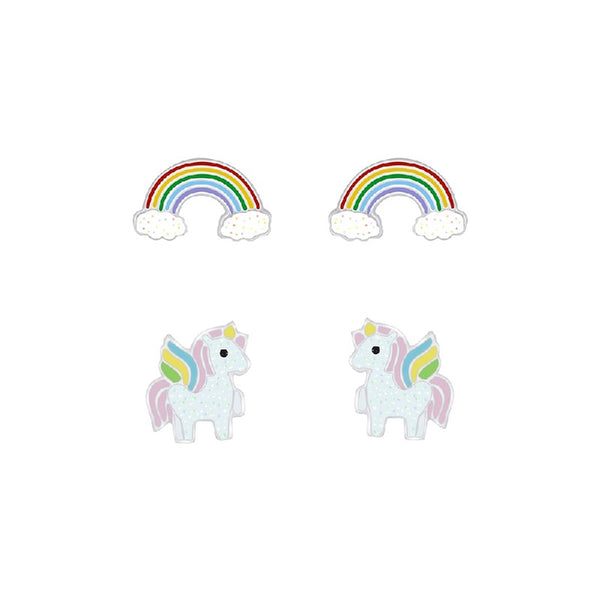 Children's Sterling Silver Set of 2 Pairs of Sparkle Rainbow and Flying Unicorn Stud Earrings