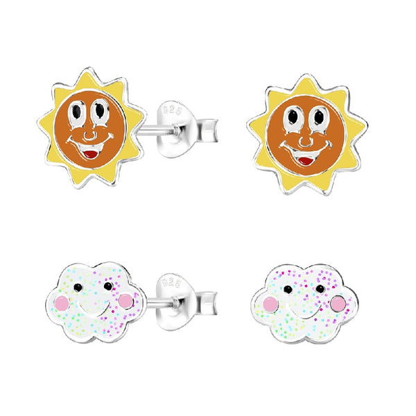Children's Sterling Silver Set of 2 Pairs of Weather Themed Stud Earrings