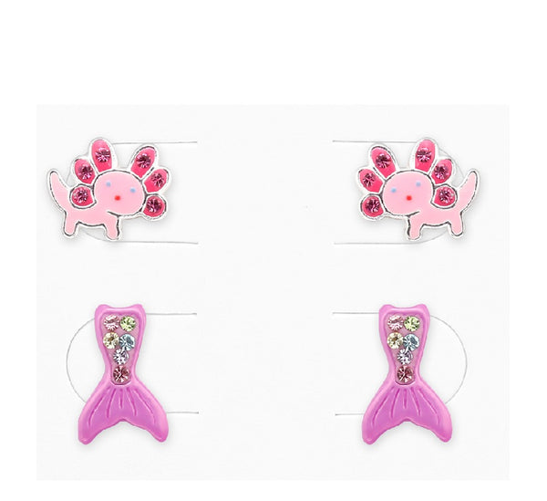 Children's Sterling Silver Set of 2 Pairs of Axolotl and Mermaid Magic Stud Earrings