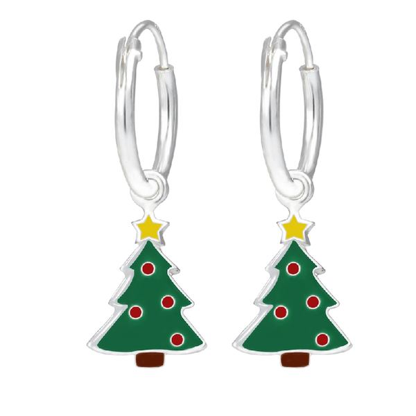 Children's Sterling Silver Christmas Tree Hoop Earrings