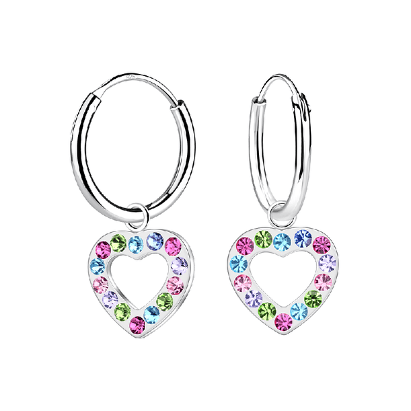 Children's Sterling Silver 'Multicoloured Diamante Crystal Open Heart' Hoop Earrings