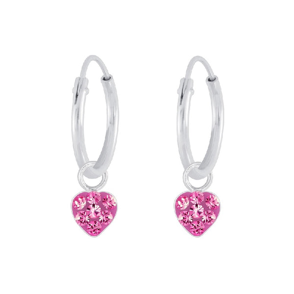 Children's Sterling Silver 'Rose Pink Sparkle Heart' Crystal Hoop Earrings