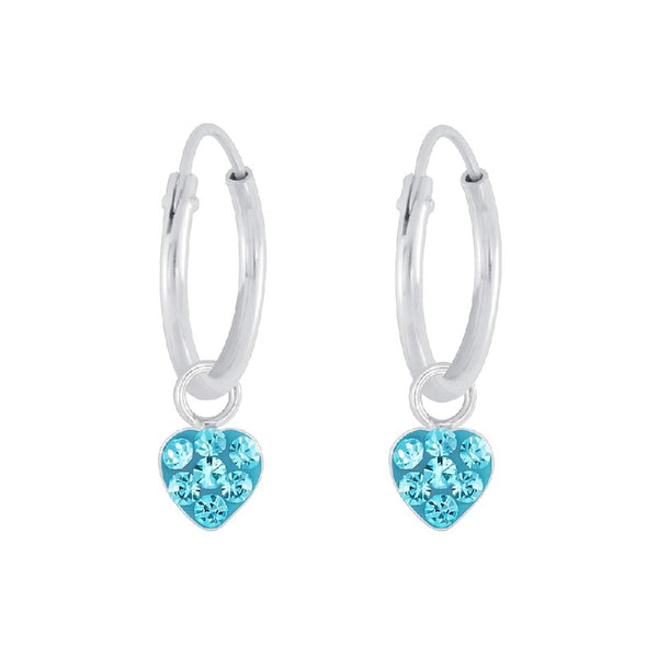 Children's Sterling Silver 'Aqua Blue Sparkle Heart' Crystal Hoop Earrings