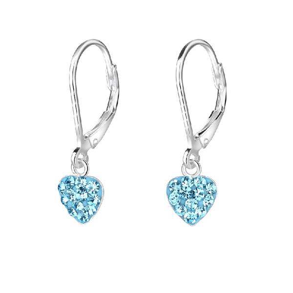 Children's Sterling Silver 'Blue Sparkle Heart' Crystal Lever Back Earrings