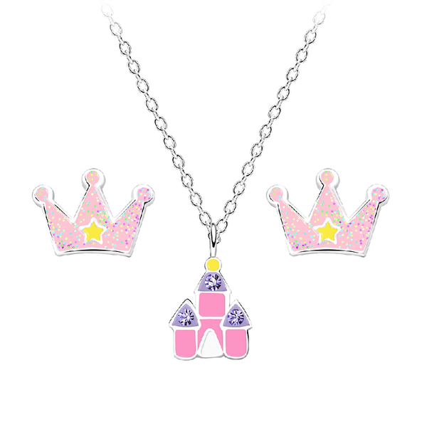 Children's Sterling Silver Fairy Castle Crystal Pendant Necklace and Glitter Crown Stud Earrings Set