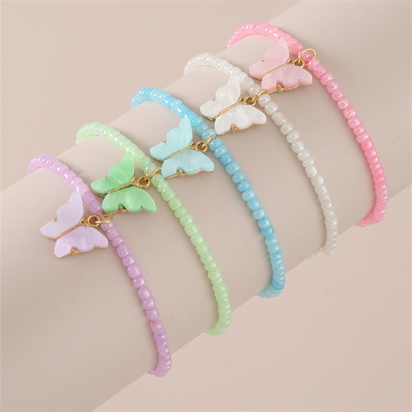 Children's Set of 5 Pastel Butterfly Pendant Stretch Bracelets