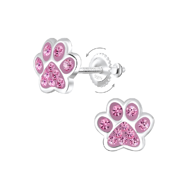 Children's Sterling Silver 'Rose Pink Crystal Paw' Screw Back Stud Earrings