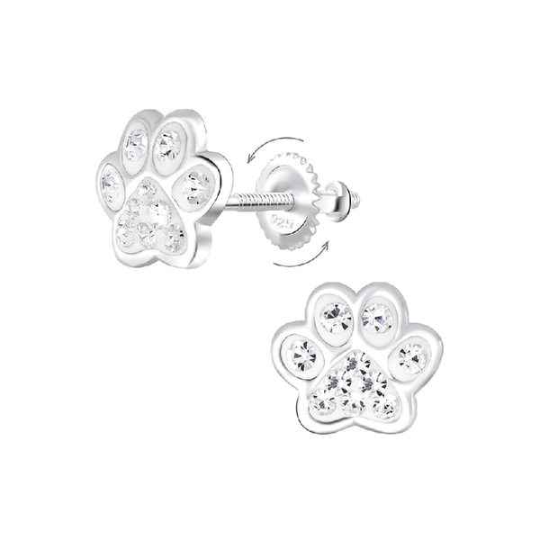 Children's Sterling Silver 'Clear Crystal Paw' Screw Back Stud Earrings