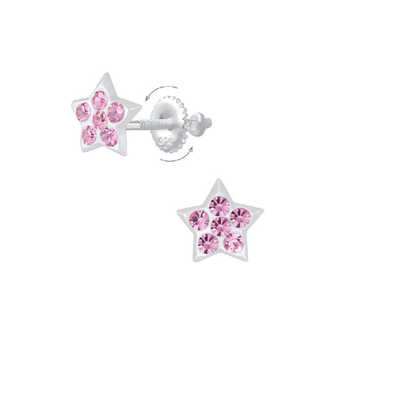 Children's Sterling Silver 'Light Rose Pink Crystal Star' Screw Back Stud Earrings