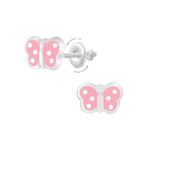 Children's Sterling Silver Pink Spotty Butterfly Screw Back Stud Earrings