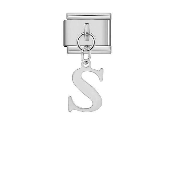 Stainless Steel 9mm Shiny Link with Dangling Letter S for Italian Charm Bracelet