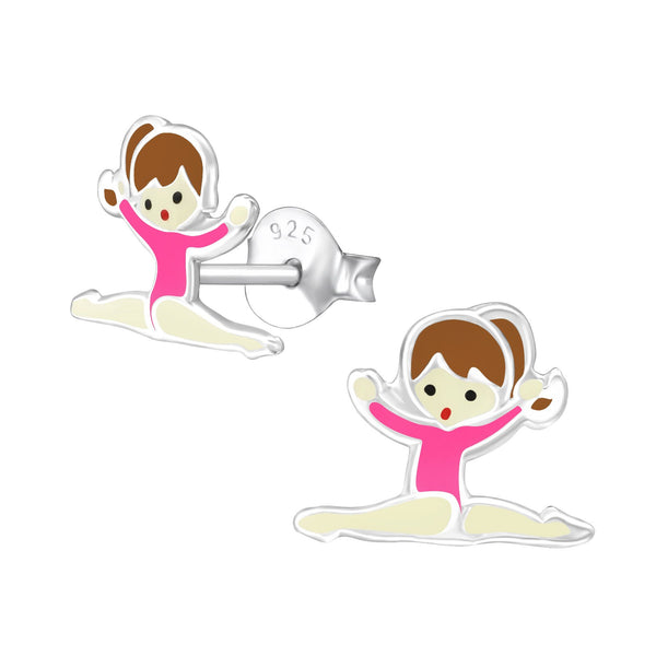 Children's Sterling Silver Gymnastics Girl with Dark Pink Leotard Stud Earrings