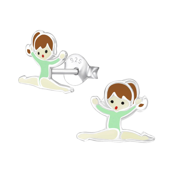 Children's Sterling Silver Gymnastics Girl with Green Leotard Stud Earrings