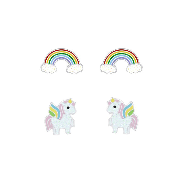 Children's Sterling Silver Set of 2 Pairs of Sparkle Rainbow and Flying Unicorn Stud Earrings