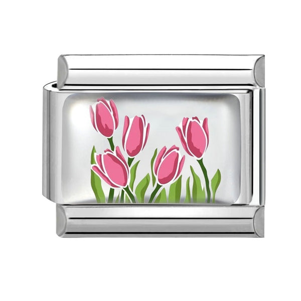 Stainless Steel 9mm Shiny Pink Tulips Flower Link for Italian Charm Bracelet