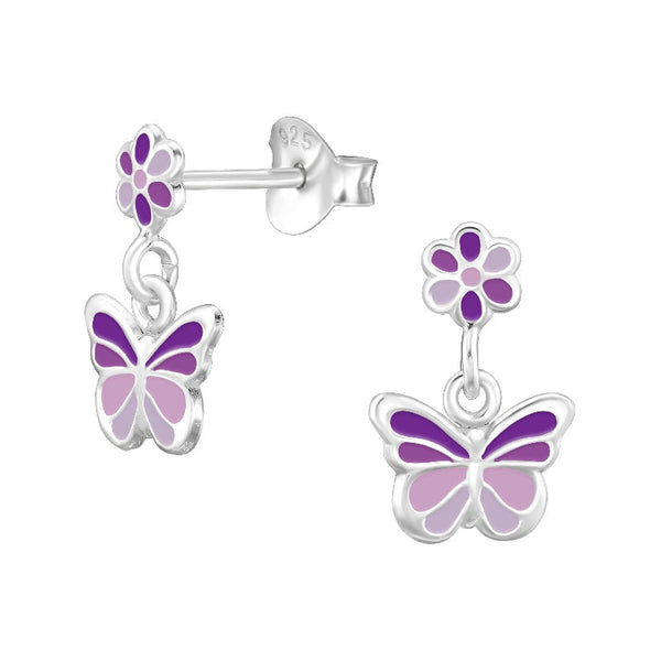 Children's Sterling Silver 'Purple Drop Butterfly' Stud Earrings