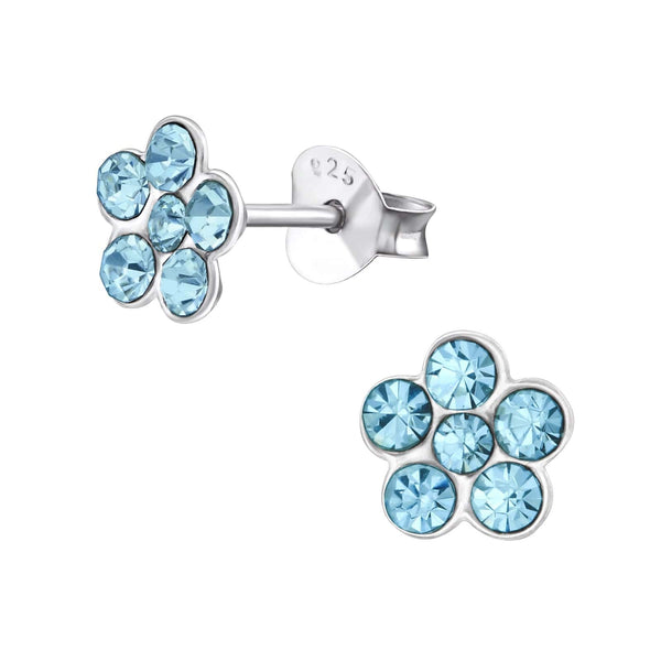 Children's Sterling Silver Blue Diamante Flower Stud Earrings