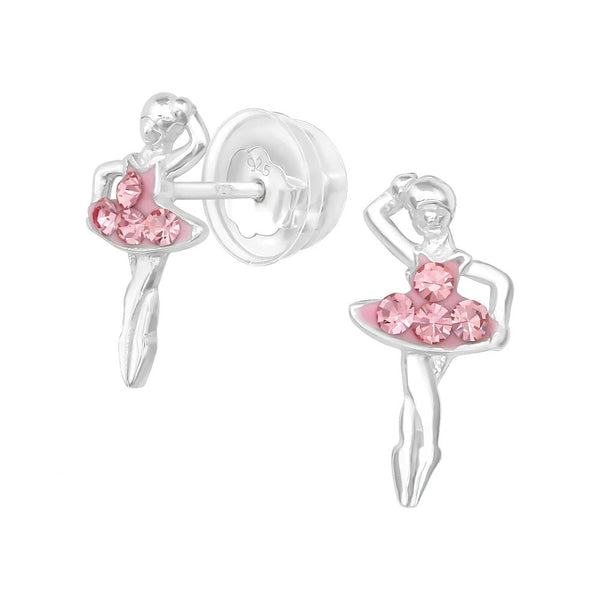 Children's Sterling Silver Ballerina With Pink Diamante Dress Stud Earrings