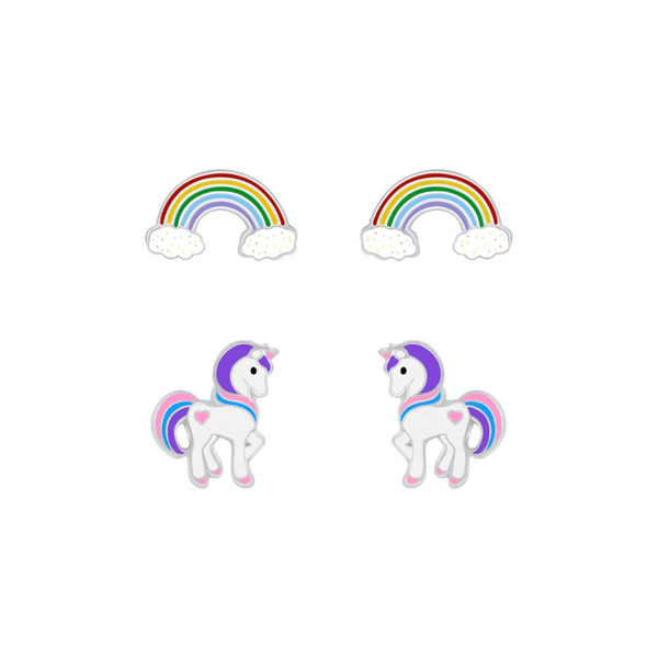 Children's Sterling Silver Set of 2 Pairs of Sparkle Rainbow and Unicorn Stud Earrings