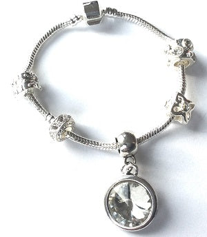 Teenager's 'February Birthstone' Amethyst Coloured Crystal Silver Plated Charm Bead Bracelet