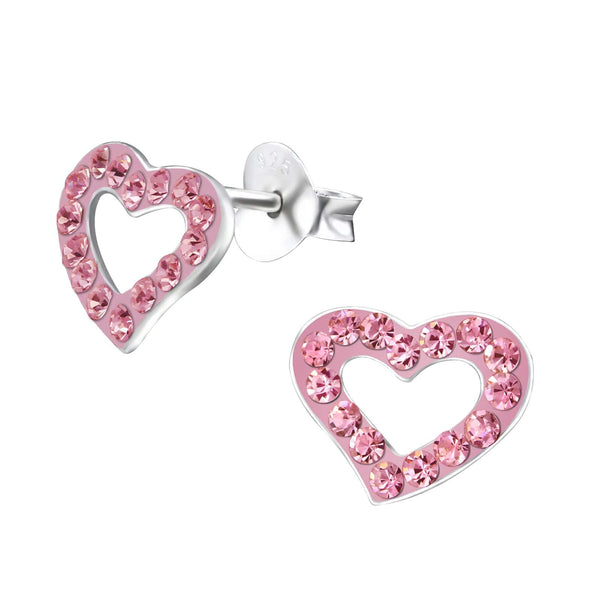 Children's Sterling Silver Open Heart Pink Crystal Stud Earrings