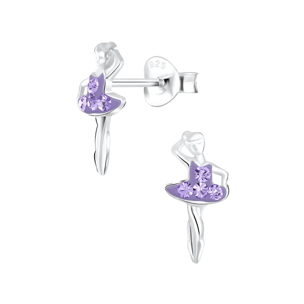 Children's Sterling Silver Ballerina With Purple Diamante Dress Stud Earrings