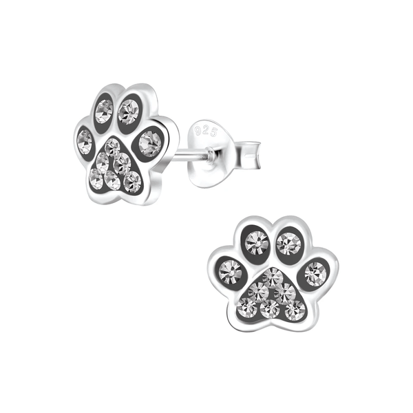 Children's Sterling Silver 'Black Diamond Sparkle Paw' Crystal Stud Earrings