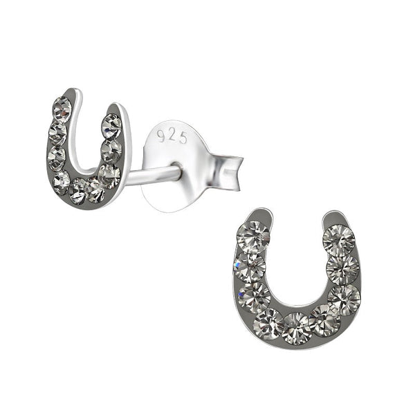 Children's Sterling Silver 'Black Diamond Sparkle Horseshoe' Crystal Stud Earrings